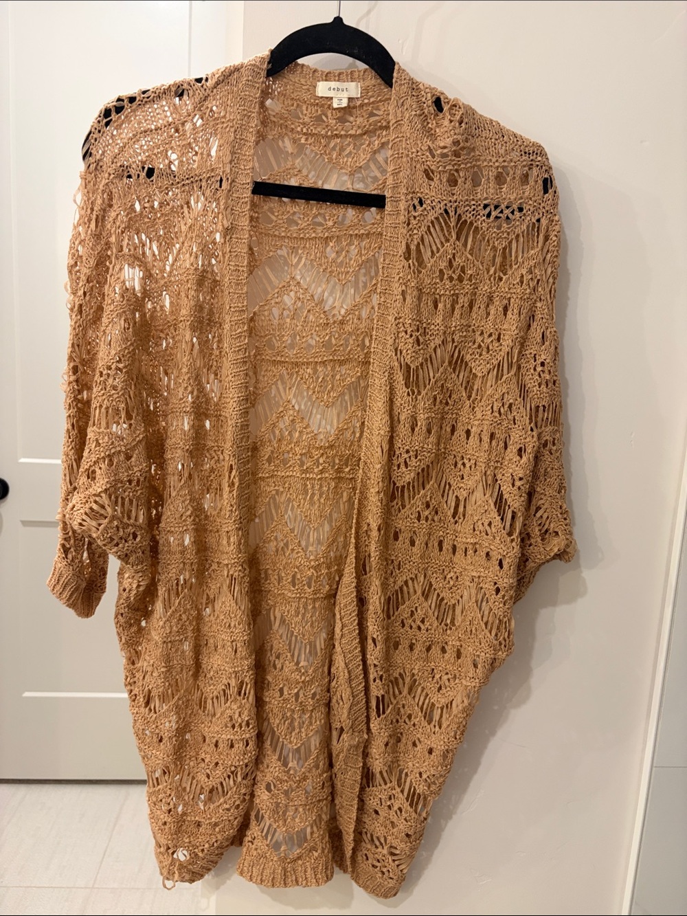 debut Open-Knit Crochet Poncho Shrug in Tan